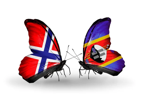 Butterflies with Norway and Swaziland flags on wings — Stock Photo, Image