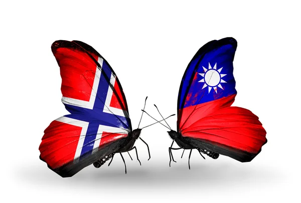 Butterflies with Norway and Taiwan flags on wings — Stock Photo, Image