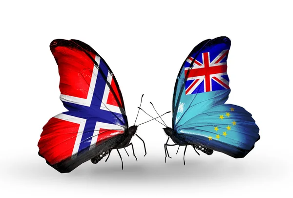 Motyle z Norwegii i tuvalu flagi na skrzydłach — Zdjęcie stockowe