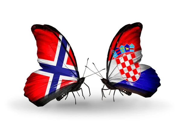 Butterflies with Norway and Croatia flags on wings — Stock Photo, Image