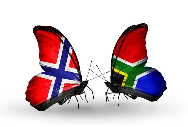 Butterflies with Norway and South Africa flags on wings — Stock Photo, Image