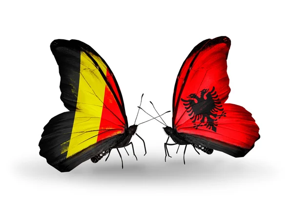 Farfalle con bandiere Belgio e Albania sulle ali — Foto Stock