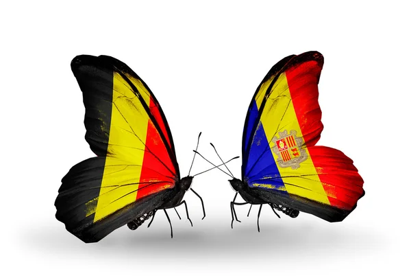 Schmetterlinge mit belgischen und andorra-Flaggen auf Flügeln — Stockfoto