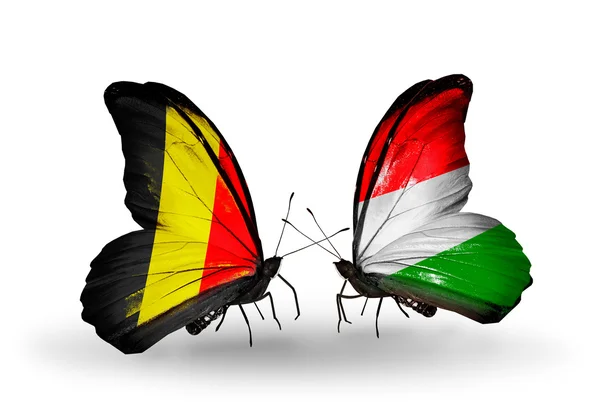 Butterflies with Belgium and Hungary flags on wings — Stock Photo, Image