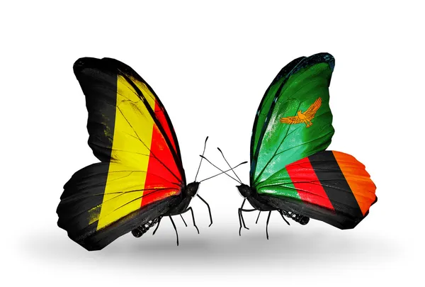 Farfalle con bandiere Belgio e Zambia sulle ali — Foto Stock