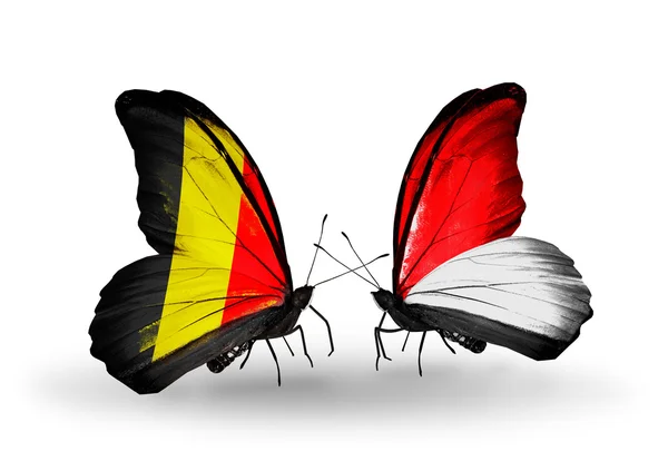 Mariposas con Bélgica y Mónaco, Banderas de Indonesia en alas — Foto de Stock