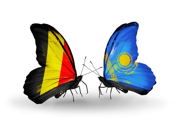 Butterflies with Belgium and Kazakhstan flags on wings — Stock Photo, Image