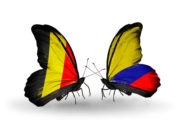 Mariposas con banderas de Bélgica y Colombia en alas — Foto de Stock