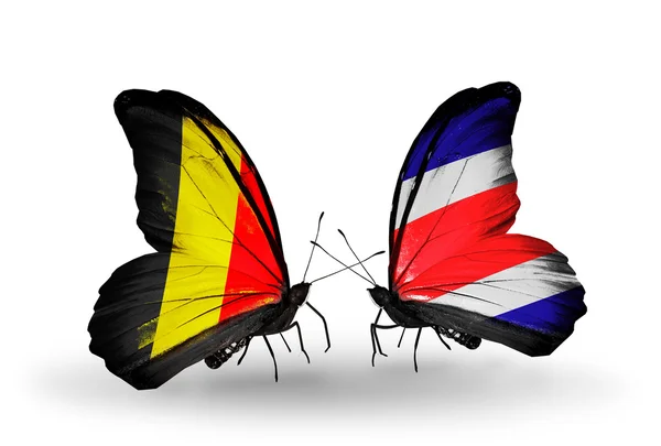 Borboletas com bandeiras da Bélgica e Costa Rica em asas — Fotografia de Stock
