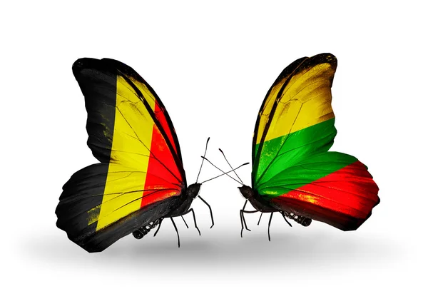 Butterflies with Belgium and Lithuania flags on wings — Stock Photo, Image