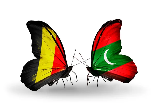 Mariposas con banderas de Bélgica y Maldivas en alas —  Fotos de Stock
