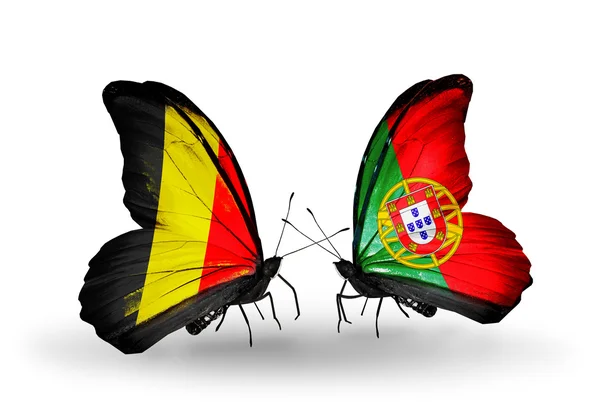 Butterflies with Belgium and Portugal flags on wings — Stock Photo, Image