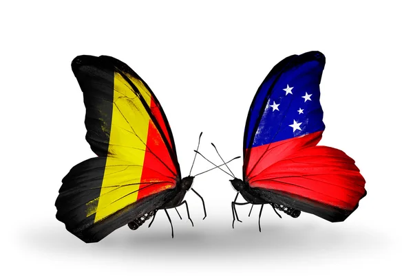 Butterflies with Belgium and Samoa flags on wings — Stock Photo, Image