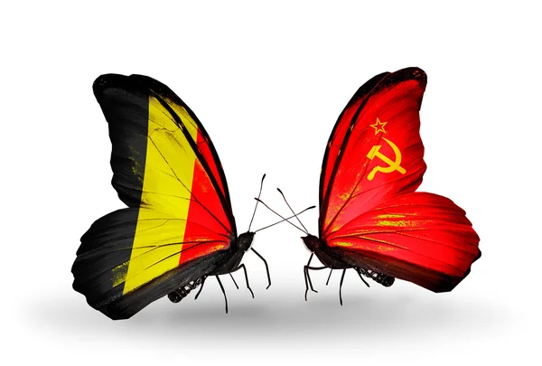 Butterflies with Belgium and Soviet Union flags on wings — Stock Photo, Image