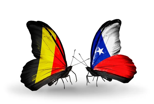 Butterflies with Belgium and Chile flags on wings — Stock Photo, Image