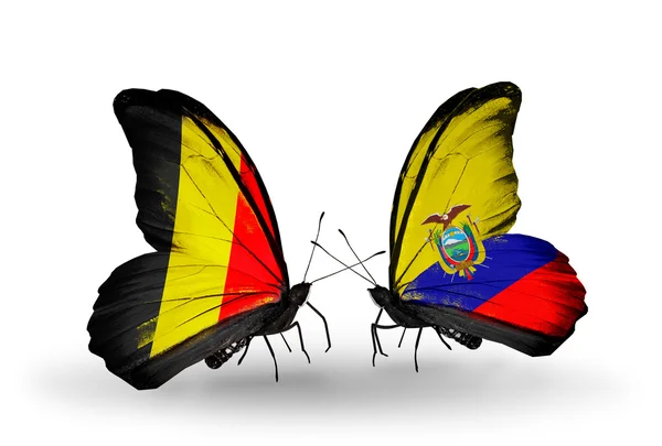 Butterflies with Belgium and Ecuador flags on wings — Stock Photo, Image