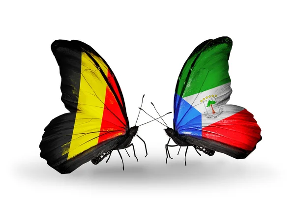 Butterflies with Belgium and Equatorial Guinea flags on wings — Stock Photo, Image