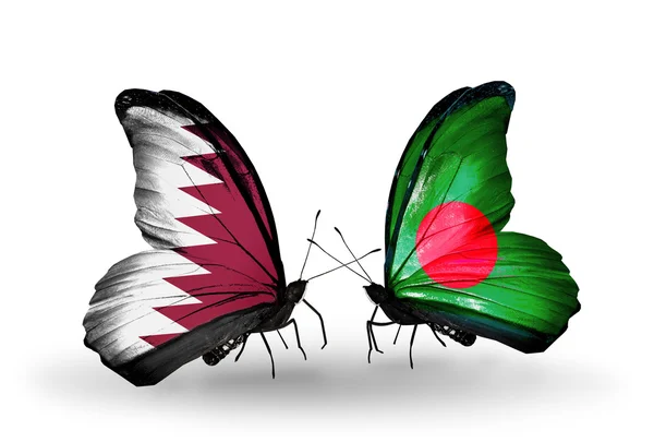 Butterflies with Qatar and Bangladesh flags on wings — Stock Photo, Image