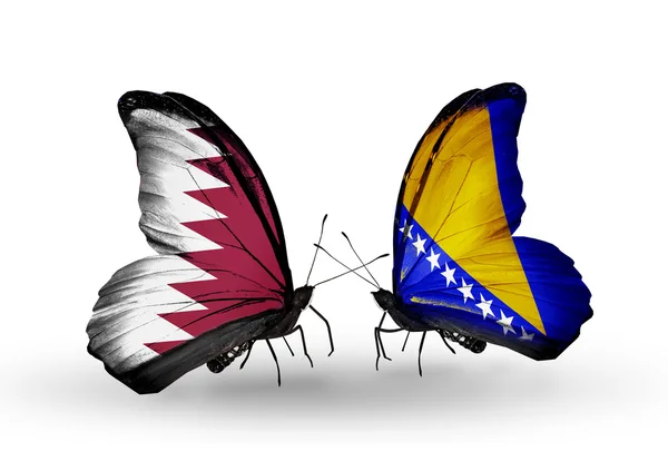 Vlinders met qatar en Bosnië en herzegovina vlaggen op vleugels — Stockfoto
