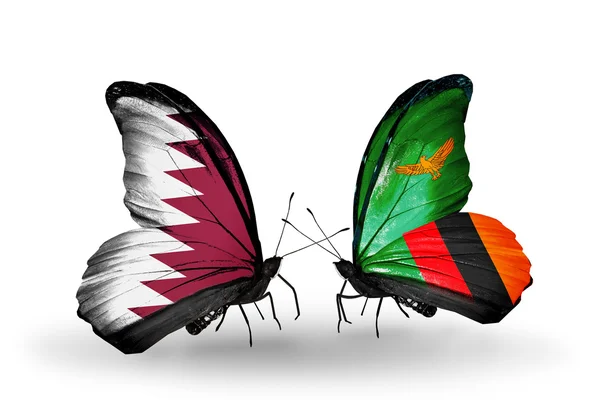 蝴蝶翅膀上的卡塔尔和赞比亚标志 — 图库照片