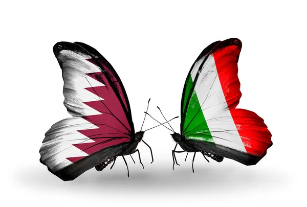 Farfalle con le bandiere del Qatar e dell'Italia sulle ali — Foto Stock