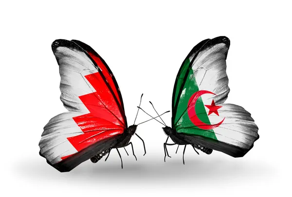 Farfalle con bandiere Bahrain e Algeria sulle ali — Foto Stock