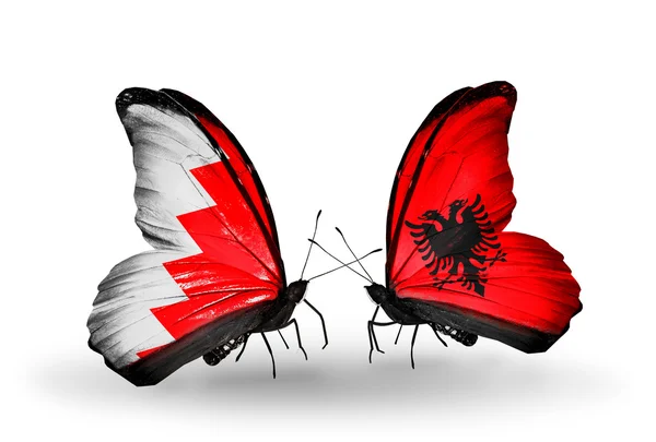 Butterflies with Bahrain and Albania flags on wings — Stock Photo, Image