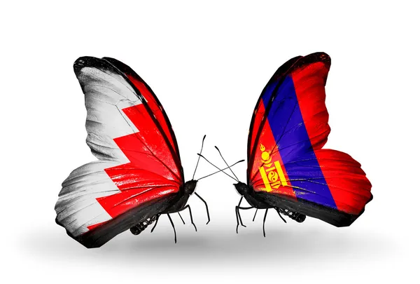 Butterflies with Bahrain and Mongolia flags on wings — Stock Photo, Image