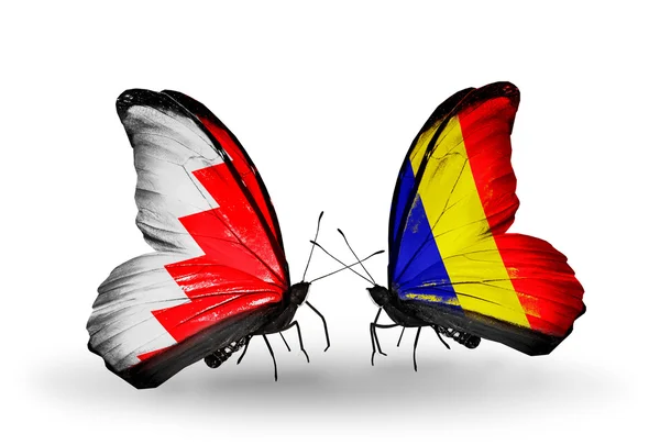 Butterflies with Bahrain and Chad, Romania flags on wings — Stock Photo, Image