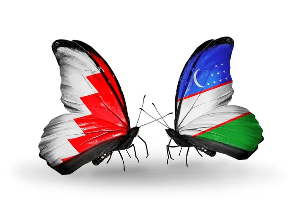 Kelebek kanatları üzerinde Bahreyn ve Özbekistan'a bayraklı — Stok fotoğraf
