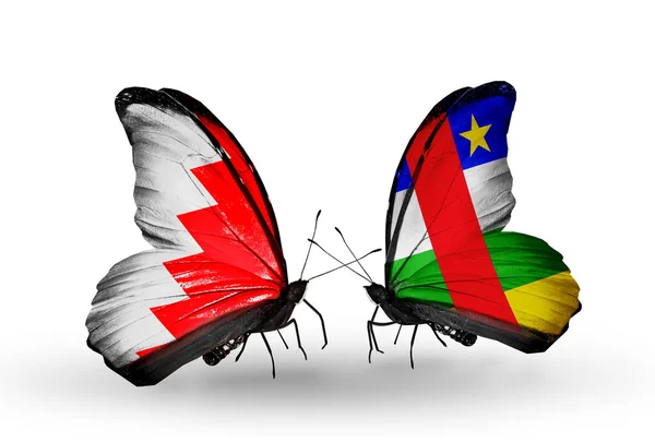 Butterflies with Bahrain and CAR flags on wings — Stock Photo, Image