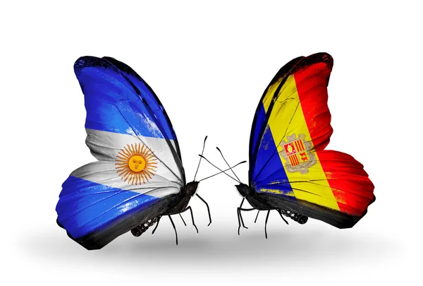 Butterflies with Argentina and Andorra flags on wings — Stock Photo, Image