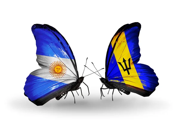 蝴蝶翅膀上的阿根廷和巴巴多斯标志 — 图库照片