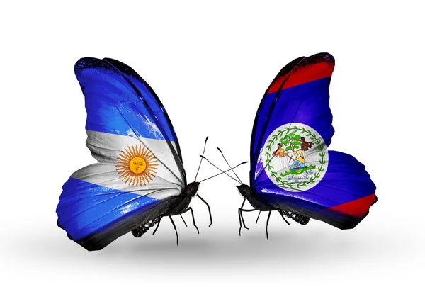 Mariposas con banderas de Argentina y Belice en alas — Foto de Stock