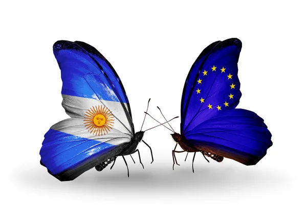 Butterflies with Argentina and EU flags on wings — Stock Photo, Image
