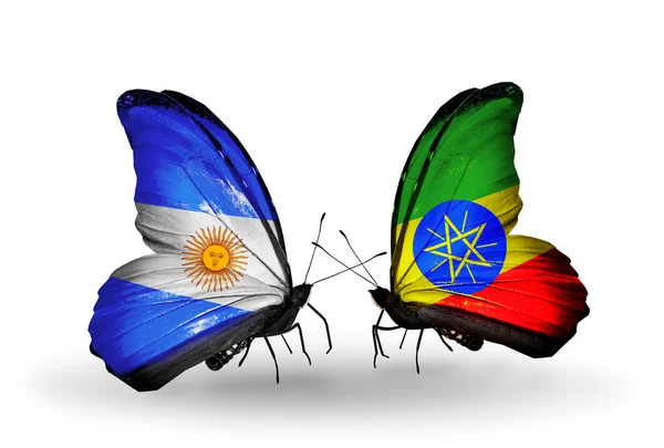 Butterflies with Argentina and Ethiopia flags on wings — Stock Photo, Image