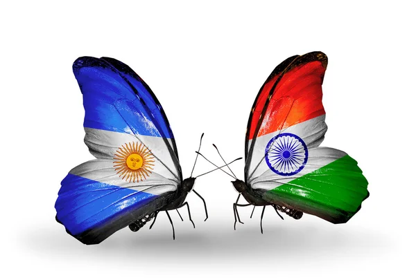 Butterflies with Argentina and India flags on wings — Stock Photo, Image