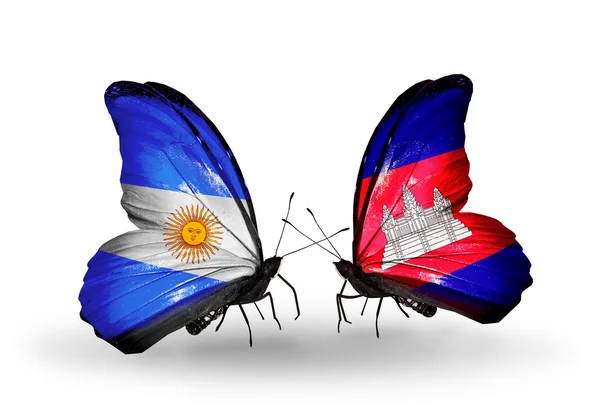 Farfalle con bandiere Argentina e Cambogia sulle ali — Foto Stock