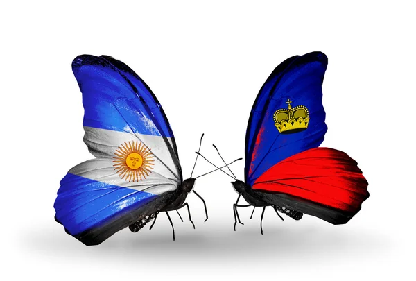 Mariposas con banderas de Argentina y Liechtenstein en alas — Foto de Stock