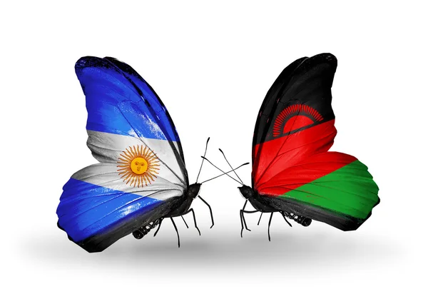 Butterflies with Argentina and Malawi flags on wings — Stock Photo, Image