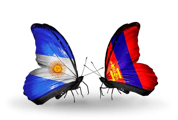 Mariposas con banderas de Argentina y Mongolia en alas — Foto de Stock