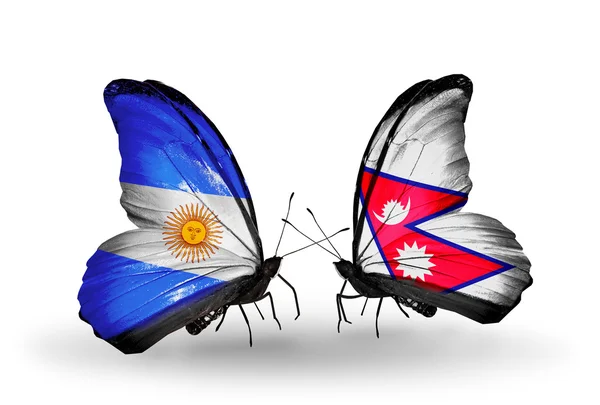 Papillons avec drapeaux argentins et népalais sur les ailes — Photo