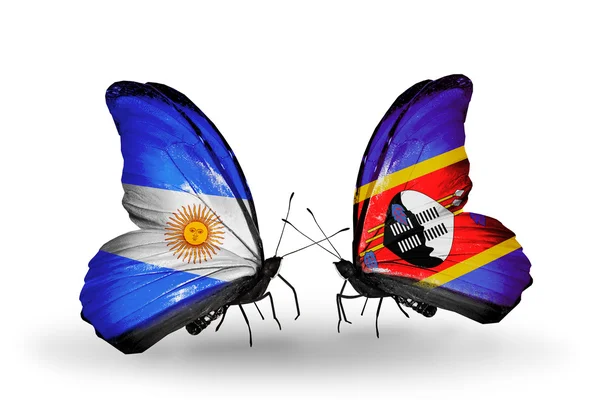 Papillons avec l'Argentine et le Swaziland drapeaux sur les ailes — Photo