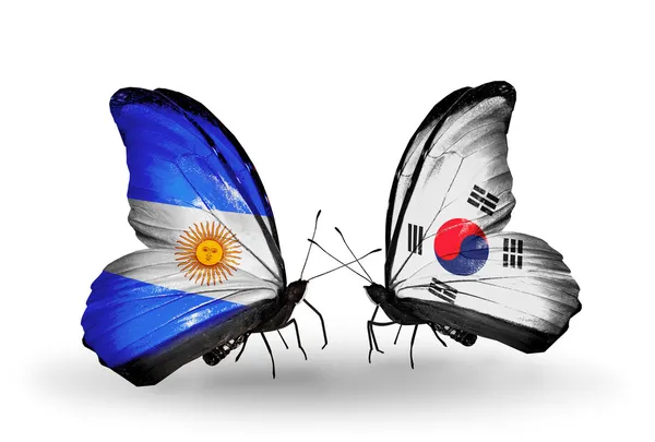 Mariposas con banderas de Argentina y Corea del Sur en alas —  Fotos de Stock