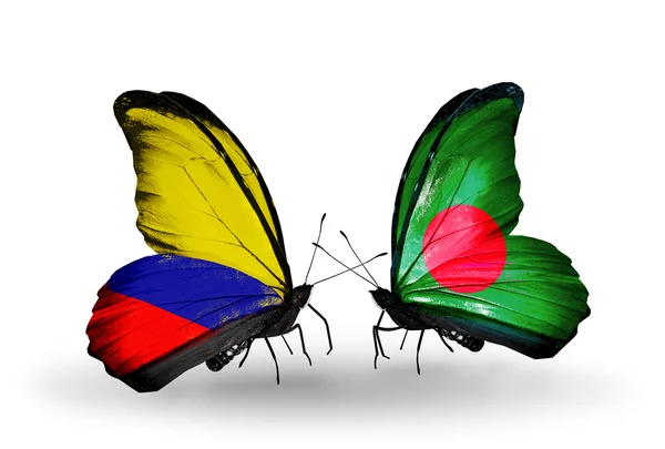 Mariposas con banderas de Colombia y Bangladesh en alas — Foto de Stock