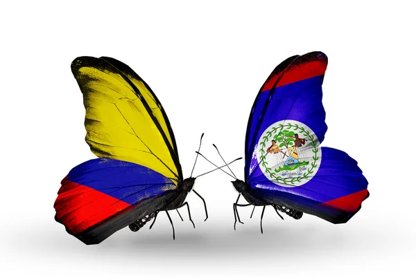 Farfalle con bandiere Columbia e Belize sulle ali — Foto Stock