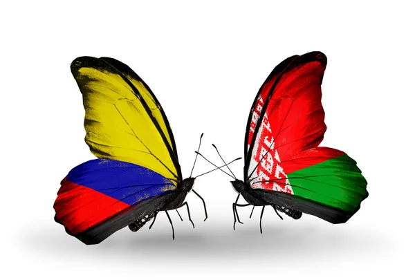 Butterflies with Columbia and Belarus flags on wings — Stock Photo, Image