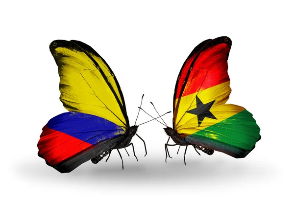 Papillons avec drapeaux Columbia et Ghana sur les ailes — Photo