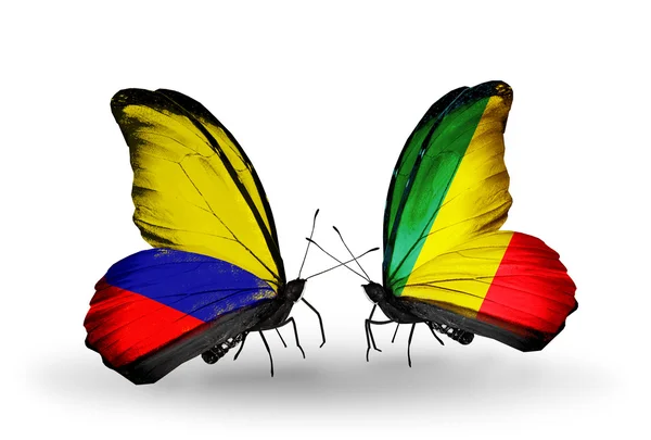 Butterflies with Columbia and Kongo flags on wings — Stock Photo, Image