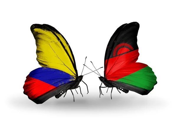 Butterflies with Columbia and Malawi flags on wings — Stock Photo, Image